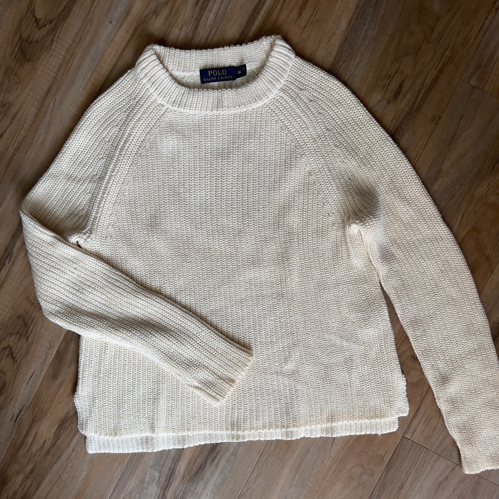 Ralph Lauren Cable Knit Sweater Womens Medium Ivory/Cream 100% Cotton